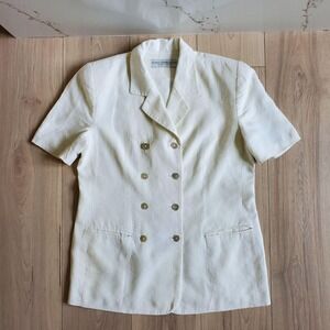Vintage Valerie Stevens Petites Blazer Womens 8 White Linen Short Sleeve Jacket